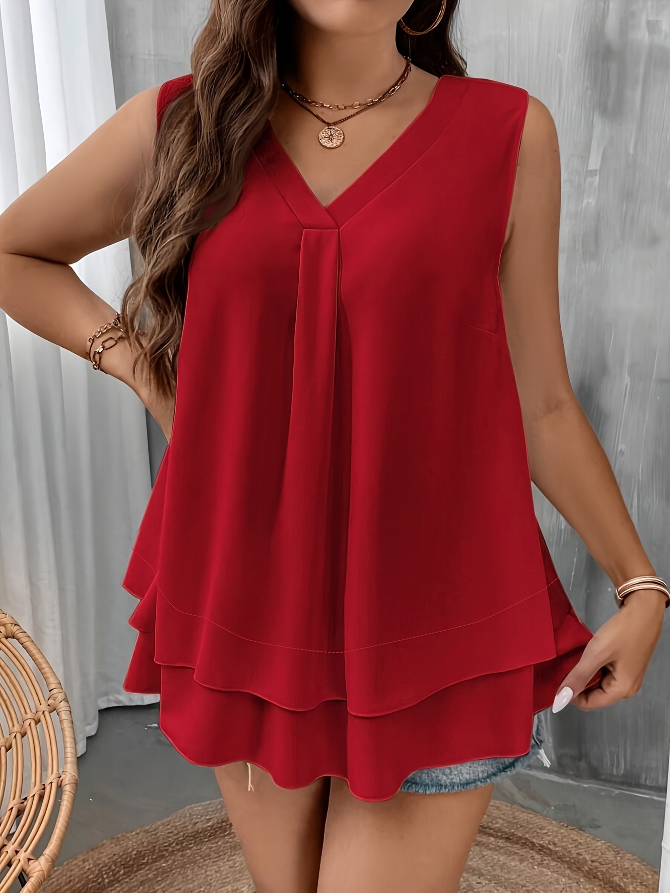 Self-pick-up Plus Size Women’S Solid Color V-Neck Sleeveless Shirt Fashion Chiffon Tank Top  Only Self-pickup Is Supported