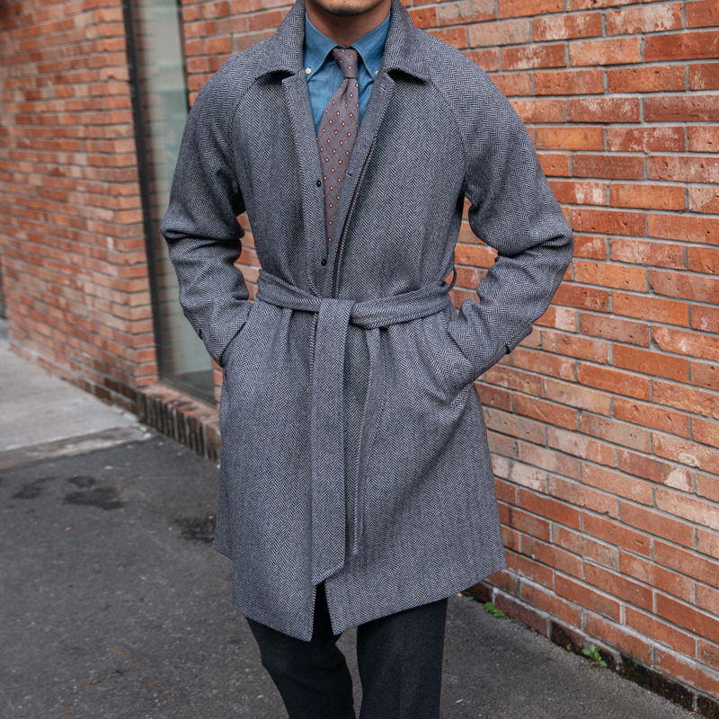 Men’s Herringbone Wool Slim Fit Mid Length Coat
